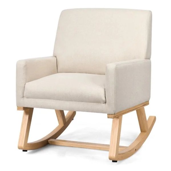 Chaise à Bascule en Tissu pour Chambre d'Enfant Fauteuil à Bascule Rembourré Base en Bois Massif Fauteuil Inclinable Moderne Beige