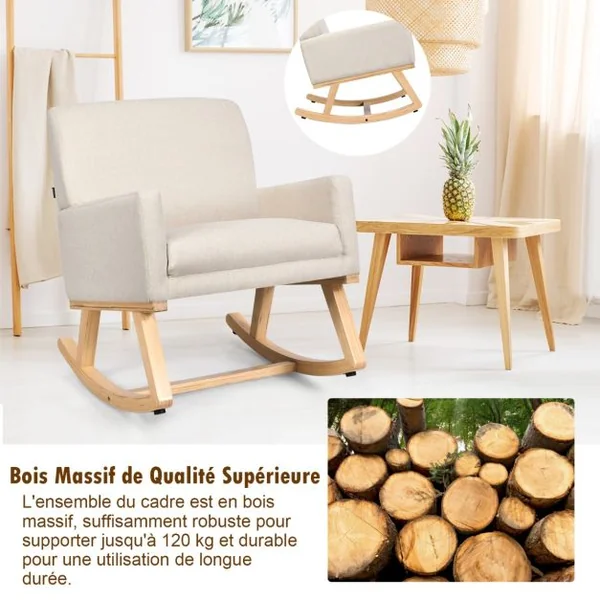 Chaise à Bascule en Tissu pour Chambre d'Enfant Fauteuil à Bascule Rembourré Base en Bois Massif Fauteuil Inclinable Moderne Beige