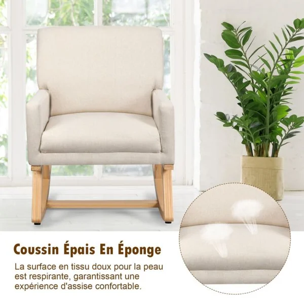 Chaise à Bascule en Tissu pour Chambre d'Enfant Fauteuil à Bascule Rembourré Base en Bois Massif Fauteuil Inclinable Moderne Beige