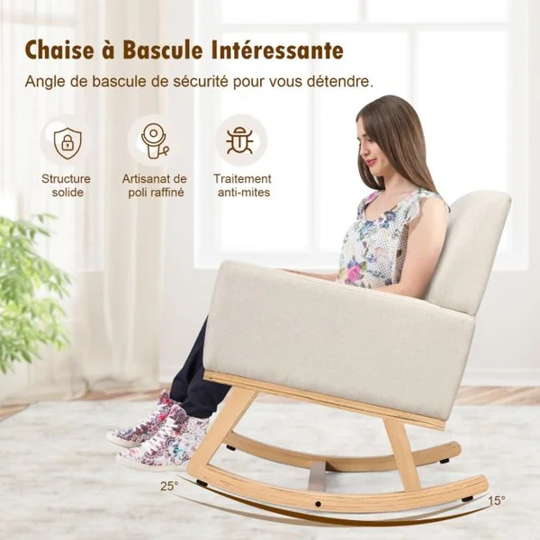 Chaise à Bascule en Tissu pour Chambre d'Enfant Fauteuil à Bascule Rembourré Base en Bois Massif Fauteuil Inclinable Moderne Beige