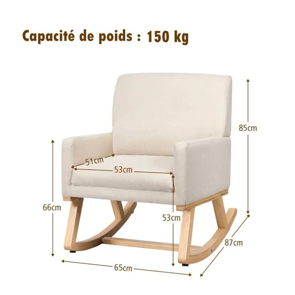 Chaise à Bascule en Tissu pour Chambre d'Enfant Fauteuil à Bascule Rembourré Base en Bois Massif Fauteuil Inclinable Moderne Beige