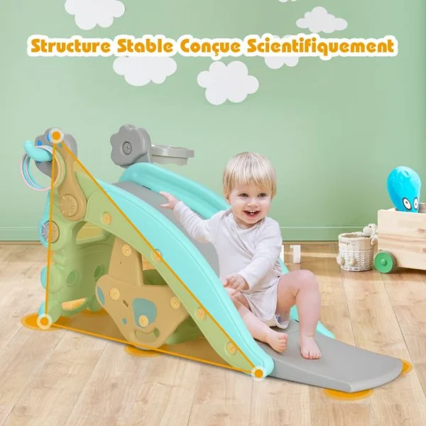 Chaise à Bascule et Toboggan 4 en 1 avec Toboggan Panier de Basket-ball et Jeu de Lancer d'Anneaux pour enfants avec Balancement/Escalade/Toboggan Bleu