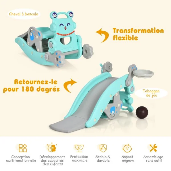 Chaise à Bascule et Toboggan 4 en 1 avec Toboggan Panier de Basket-ball et Jeu de Lancer d'Anneaux pour enfants avec Balancement/Escalade/Toboggan Bleu