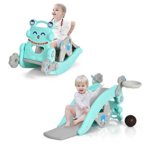 Chaise à Bascule et Toboggan 4 en 1 avec Toboggan Panier de Basket-ball et Jeu de Lancer d'Anneaux pour enfants avec Balancement/Escalade/Toboggan Bleu