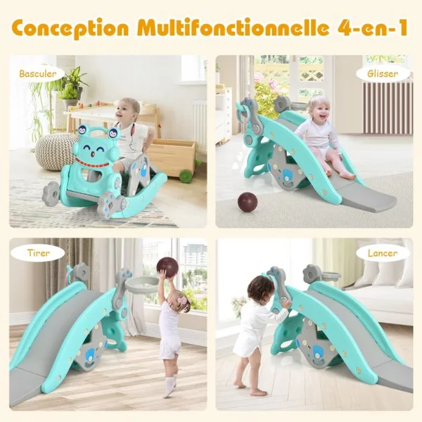 Chaise à Bascule et Toboggan 4 en 1 avec Toboggan Panier de Basket-ball et Jeu de Lancer d'Anneaux pour enfants avec Balancement/Escalade/Toboggan Bleu