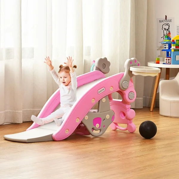 Chaise à Bascule et Toboggan 4 en 1 avec Toboggan Panier de Basket-ball et Jeu de Lancer d'Anneaux pour enfants avec Balancement/Escalade/Toboggan Rose