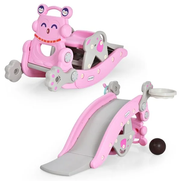 Chaise à Bascule et Toboggan 4 en 1 avec Toboggan Panier de Basket-ball et Jeu de Lancer d'Anneaux pour enfants avec Balancement/Escalade/Toboggan Rose