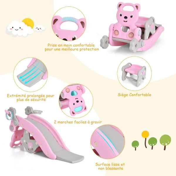 Chaise à Bascule et Toboggan 4 en 1 avec Toboggan Panier de Basket-ball et Jeu de Lancer d'Anneaux pour enfants avec Balancement/Escalade/Toboggan Rose