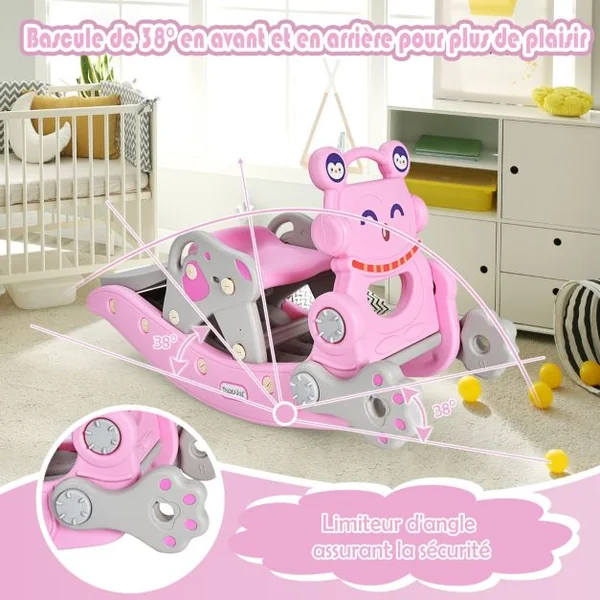Chaise à Bascule et Toboggan 4 en 1 avec Toboggan Panier de Basket-ball et Jeu de Lancer d'Anneaux pour enfants avec Balancement/Escalade/Toboggan Rose