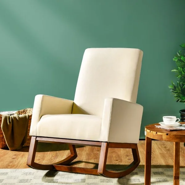 Chaise à Bascule Moderne Fauteuil en Tissu Rembourré Base en Bois d'Hévéa Siège Rembourré en Lin Dossier Haut Poche Latérale Chaise Beige