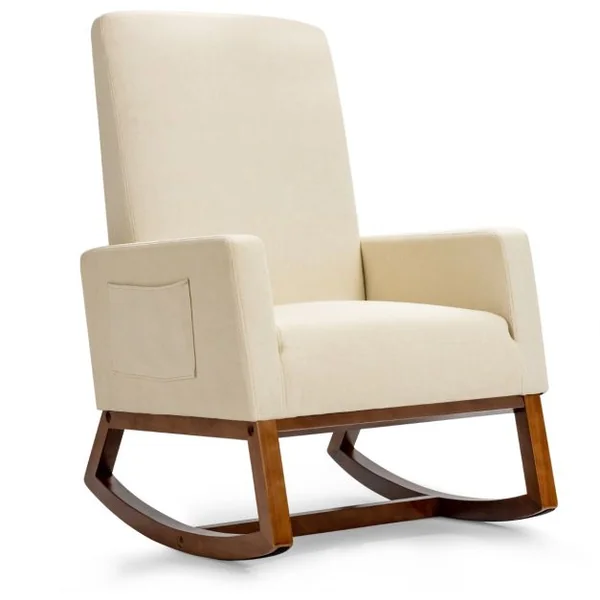 Chaise à Bascule Moderne Fauteuil en Tissu Rembourré Base en Bois d'Hévéa Siège Rembourré en Lin Dossier Haut Poche Latérale Chaise Beige