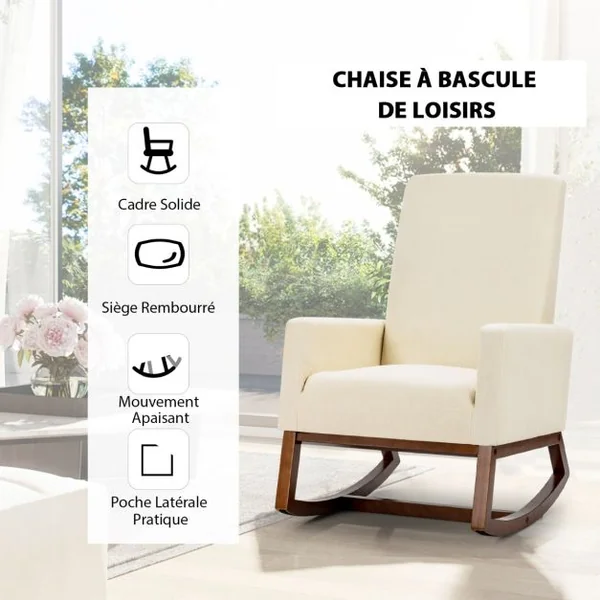 Chaise à Bascule Moderne Fauteuil en Tissu Rembourré Base en Bois d'Hévéa Siège Rembourré en Lin Dossier Haut Poche Latérale Chaise Beige
