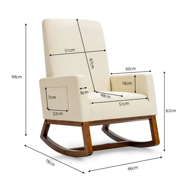 Chaise à Bascule Moderne Fauteuil en Tissu Rembourré Base en Bois d'Hévéa Siège Rembourré en Lin Dossier Haut Poche Latérale Chaise Beige