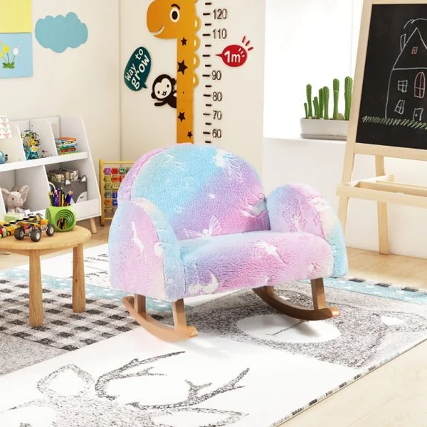 Chaise à Bascule pour Enfants Fauteuil Rembourré en Flanelle avec Pieds à Bascule en Bois de Peuplier Motifs Lumineux Dossier Courbé