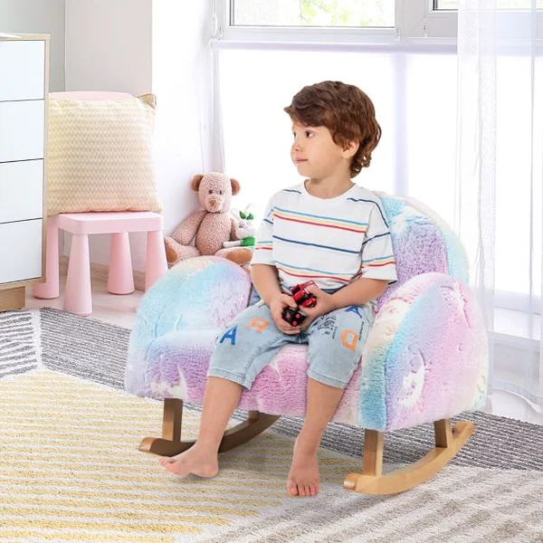 Chaise à Bascule pour Enfants Fauteuil Rembourré en Flanelle avec Pieds à Bascule en Bois de Peuplier Motifs Lumineux Dossier Courbé