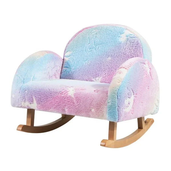 Chaise à Bascule pour Enfants Fauteuil Rembourré en Flanelle avec Pieds à Bascule en Bois de Peuplier Motifs Lumineux Dossier Courbé