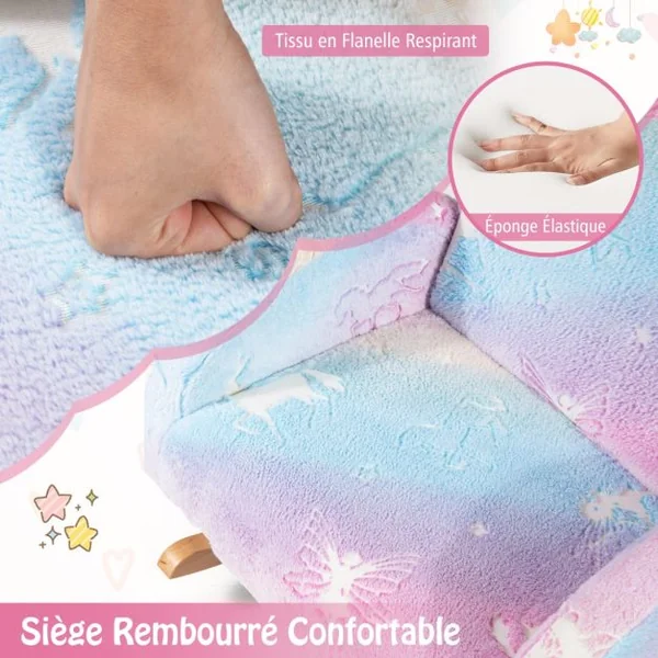 Chaise à Bascule pour Enfants Fauteuil Rembourré en Flanelle avec Pieds à Bascule en Bois de Peuplier Motifs Lumineux Dossier Courbé