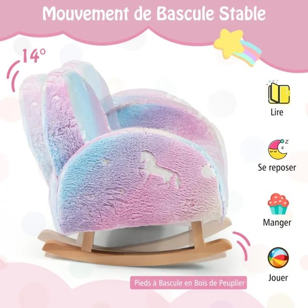 Chaise à Bascule pour Enfants Fauteuil Rembourré en Flanelle avec Pieds à Bascule en Bois de Peuplier Motifs Lumineux Dossier Courbé