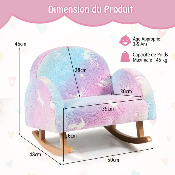 Chaise à Bascule pour Enfants Fauteuil Rembourré en Flanelle avec Pieds à Bascule en Bois de Peuplier Motifs Lumineux Dossier Courbé