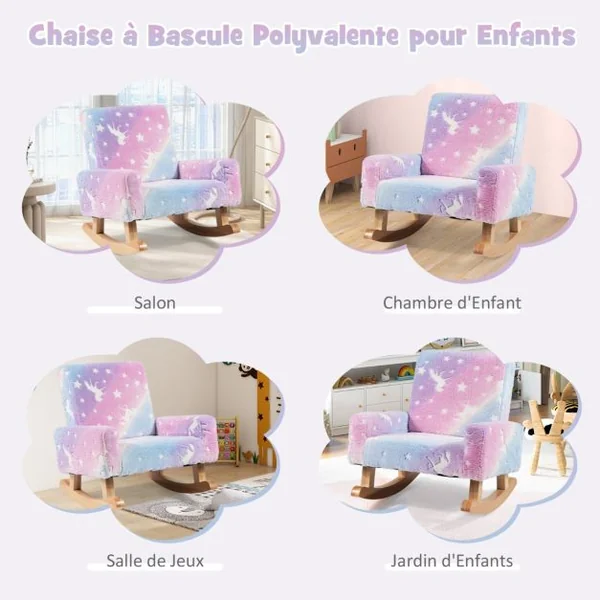 Chaise à Bascule pour Enfants Rembourrée en Flanelle Pieds en Bois de Peuplier Massif Brille dans le Noir Accoudoirs Fauteuil
