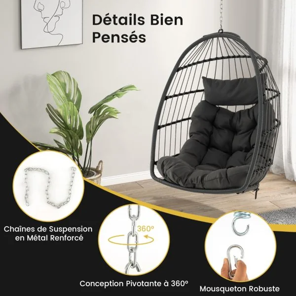 Chaise à Œufs Suspendue Chaise Suspendue avec Oreiller de Tête Coussin de Siège Chaise Suspendue avec Panier en Osier Capacité 150kg