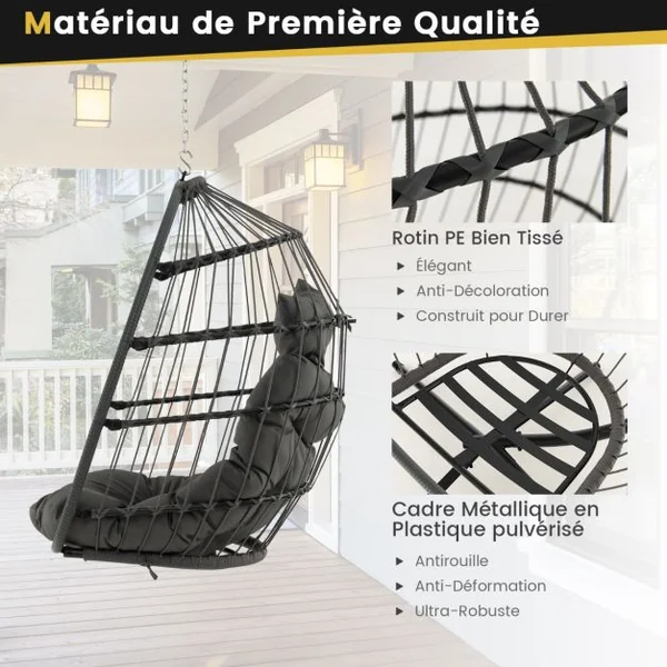 Chaise à Œufs Suspendue Chaise Suspendue avec Oreiller de Tête Coussin de Siège Chaise Suspendue avec Panier en Osier Capacité 150kg