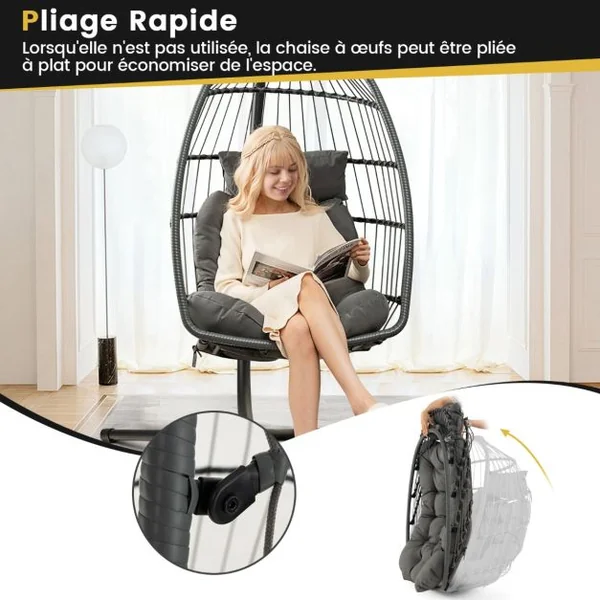 Chaise à Œufs Suspendue Chaise Suspendue avec Oreiller de Tête Coussin de Siège Chaise Suspendue avec Panier en Osier Capacité 150kg