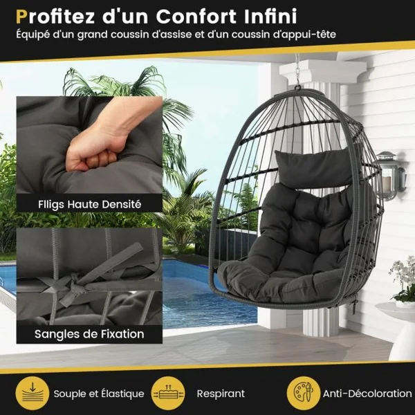 Chaise à Œufs Suspendue Chaise Suspendue avec Oreiller de Tête Coussin de Siège Chaise Suspendue avec Panier en Osier Capacité 150kg