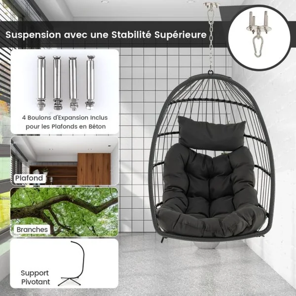 Chaise à Œufs Suspendue Chaise Suspendue avec Oreiller de Tête Coussin de Siège Chaise Suspendue avec Panier en Osier Capacité 150kg