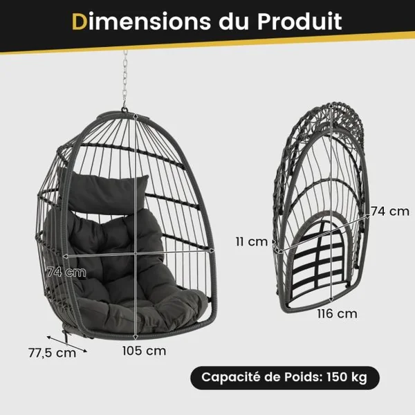 Chaise à Œufs Suspendue Chaise Suspendue avec Oreiller de Tête Coussin de Siège Chaise Suspendue avec Panier en Osier Capacité 150kg