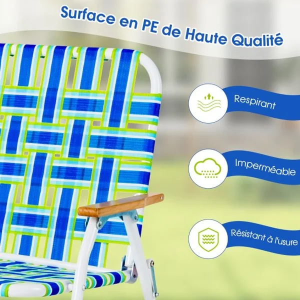 Chaise/Fauteuil de Camping Pliante 2 places Charge 300KG Banc d'Extérieur avec Accoudoir et Dossier pour Plage Pique-nique Bleu