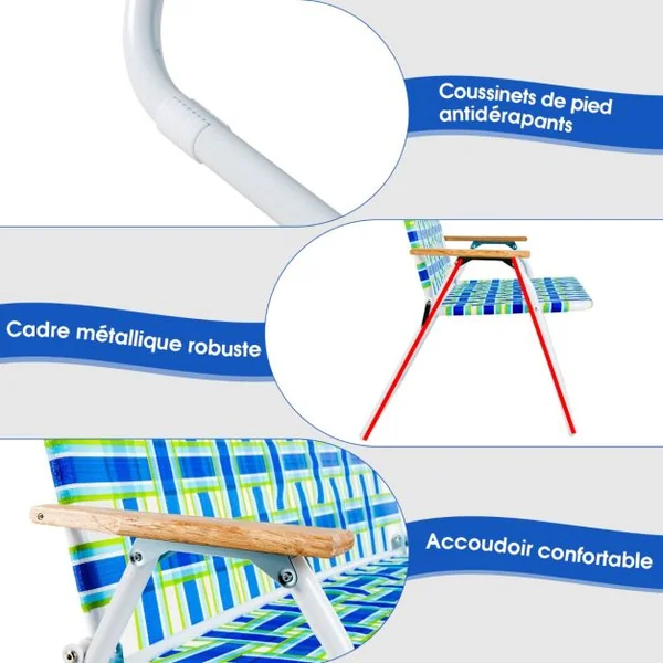 Chaise/Fauteuil de Camping Pliante 2 places Charge 300KG Banc d'Extérieur avec Accoudoir et Dossier pour Plage Pique-nique Bleu