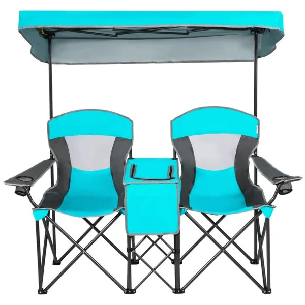 Chaise/Fauteuil de Camping Pliante 2 Places Pare-soleil Amovible et Réglable Sac isotherme Plage Pêche Bleu/Bleu Foncé/Rouge