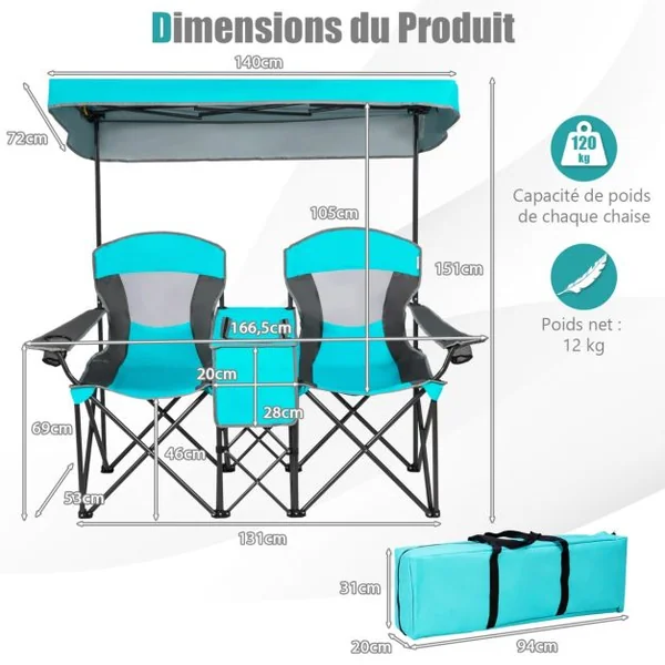 Chaise/Fauteuil de Camping Pliante 2 Places Pare-soleil Amovible et Réglable Sac isotherme Plage Pêche Bleu/Bleu Foncé/Rouge