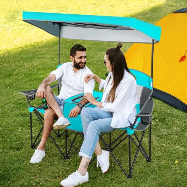 Chaise/Fauteuil de Camping Pliante 2 Places Pare-soleil Amovible et Réglable Sac isotherme Plage Pêche Bleu/Bleu Foncé/Rouge
