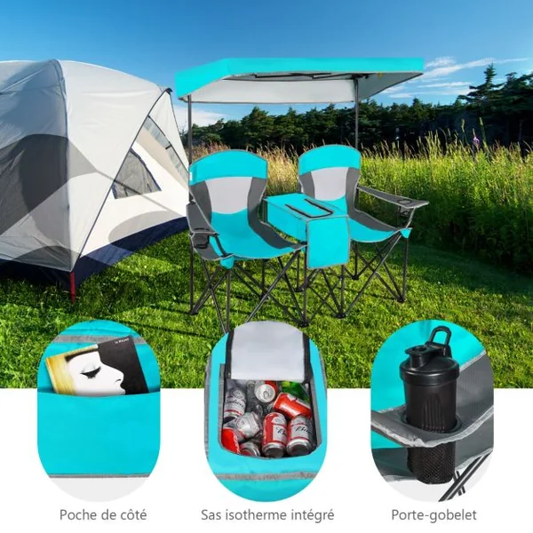 Chaise/Fauteuil de Camping Pliante 2 Places Pare-soleil Amovible et Réglable Sac isotherme Plage Pêche Bleu/Bleu Foncé/Rouge