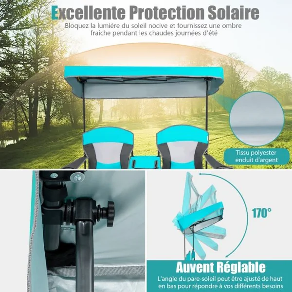 Chaise/Fauteuil de Camping Pliante 2 Places Pare-soleil Amovible et Réglable Sac isotherme Plage Pêche Bleu/Bleu Foncé/Rouge