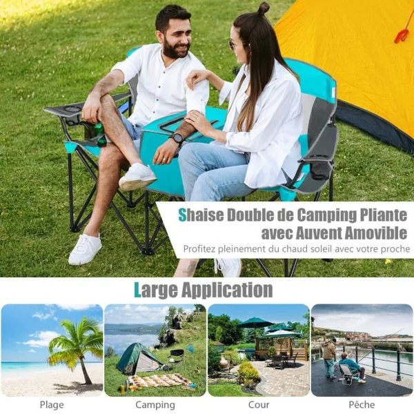 Chaise/Fauteuil de Camping Pliante 2 Places Pare-soleil Amovible et Réglable Sac isotherme Plage Pêche Bleu/Bleu Foncé/Rouge