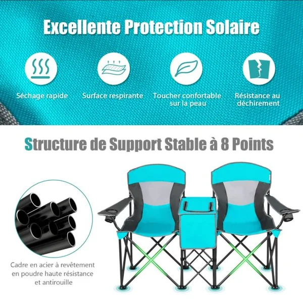 Chaise/Fauteuil de Camping Pliante 2 Places Pare-soleil Amovible et Réglable Sac isotherme Plage Pêche Bleu/Bleu Foncé/Rouge