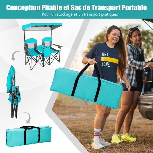 Chaise/Fauteuil de Camping Pliante 2 Places Pare-soleil Amovible et Réglable Sac isotherme Plage Pêche Bleu/Bleu Foncé/Rouge