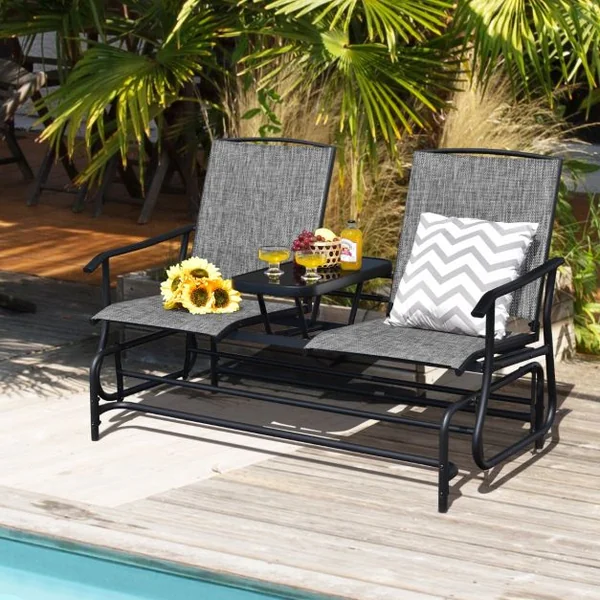 Chaise/Fauteuil à Bascule de Jardin Extérieur pour 2 Personnes avec Table Centrale en Verre Trempé Charge Total 240KG Gris