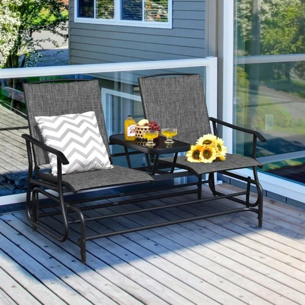 Chaise/Fauteuil à Bascule de Jardin Extérieur pour 2 Personnes avec Table Centrale en Verre Trempé Charge Total 240KG Gris