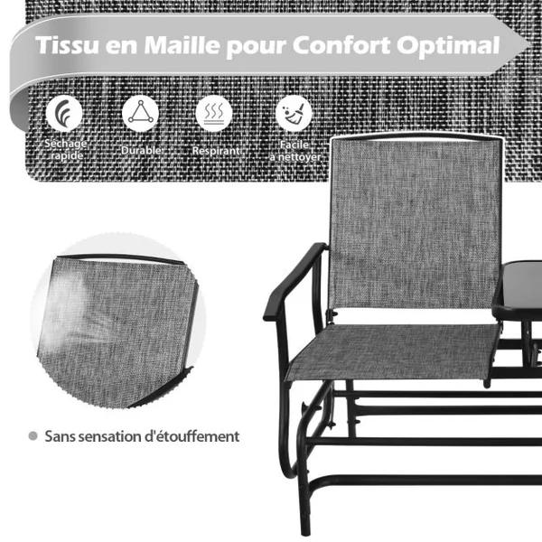 Chaise/Fauteuil à Bascule de Jardin Extérieur pour 2 Personnes avec Table Centrale en Verre Trempé Charge Total 240KG Gris