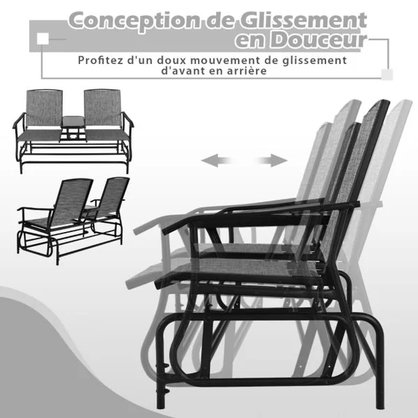 Chaise/Fauteuil à Bascule de Jardin Extérieur pour 2 Personnes avec Table Centrale en Verre Trempé Charge Total 240KG Gris