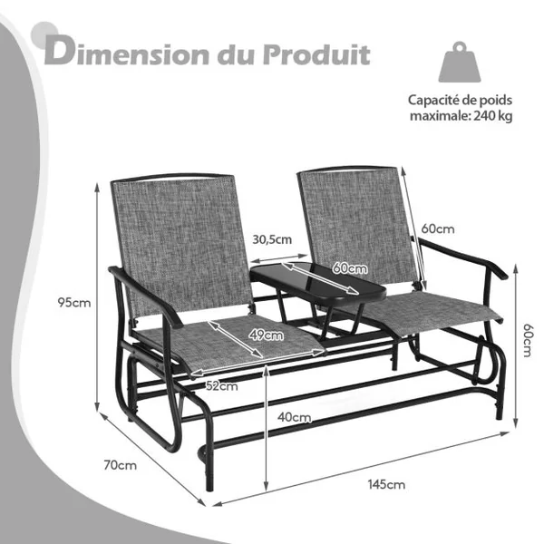 Chaise/Fauteuil à Bascule de Jardin Extérieur pour 2 Personnes avec Table Centrale en Verre Trempé Charge Total 240KG Gris