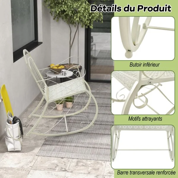 Chaise/Fauteuil à Bascule en Métal Rocking Chair avec Dossier et Accoudoirs Charge150 kg pour Intérieur/Extérieur Blanc