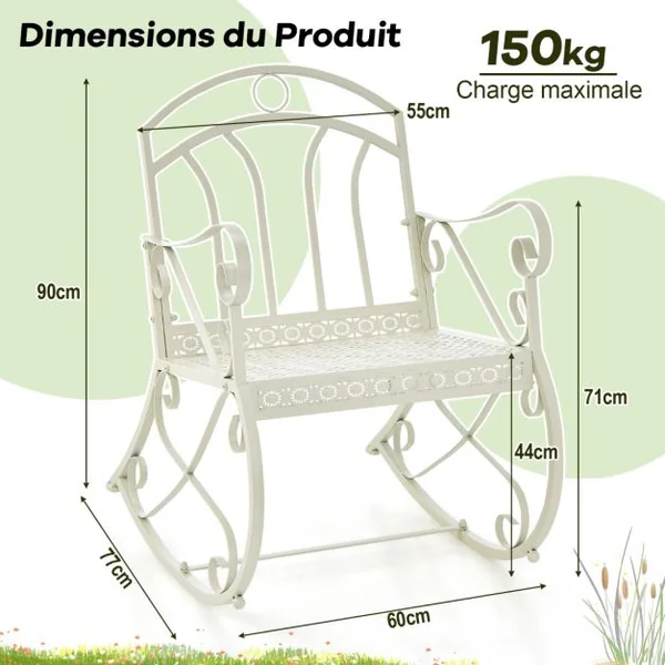 Chaise/Fauteuil à Bascule en Métal Rocking Chair avec Dossier et Accoudoirs Charge150 kg pour Intérieur/Extérieur Blanc