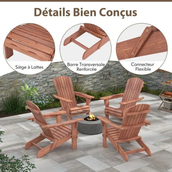 Chaises Adirondack Pliantes Chaise Longue Pliante en Bois Dossier Haut Accoudoirs Larges Capacité 180 Kg Marron