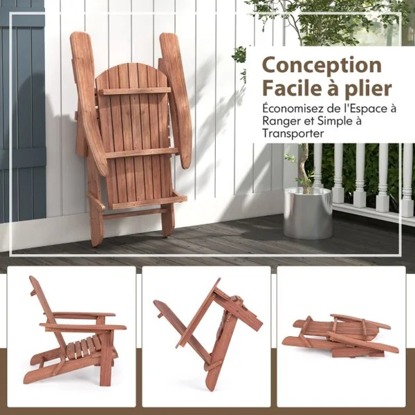 Chaises Adirondack Pliantes Chaise Longue Pliante en Bois Dossier Haut Accoudoirs Larges Capacité 180 Kg Marron