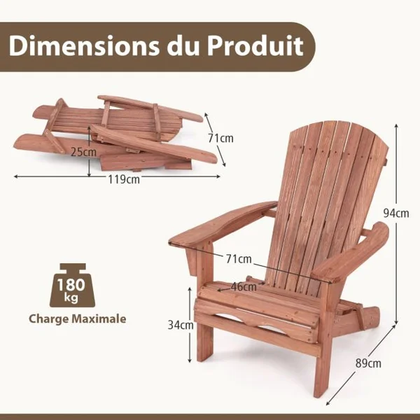 Chaises Adirondack Pliantes Chaise Longue Pliante en Bois Dossier Haut Accoudoirs Larges Capacité 180 Kg Marron